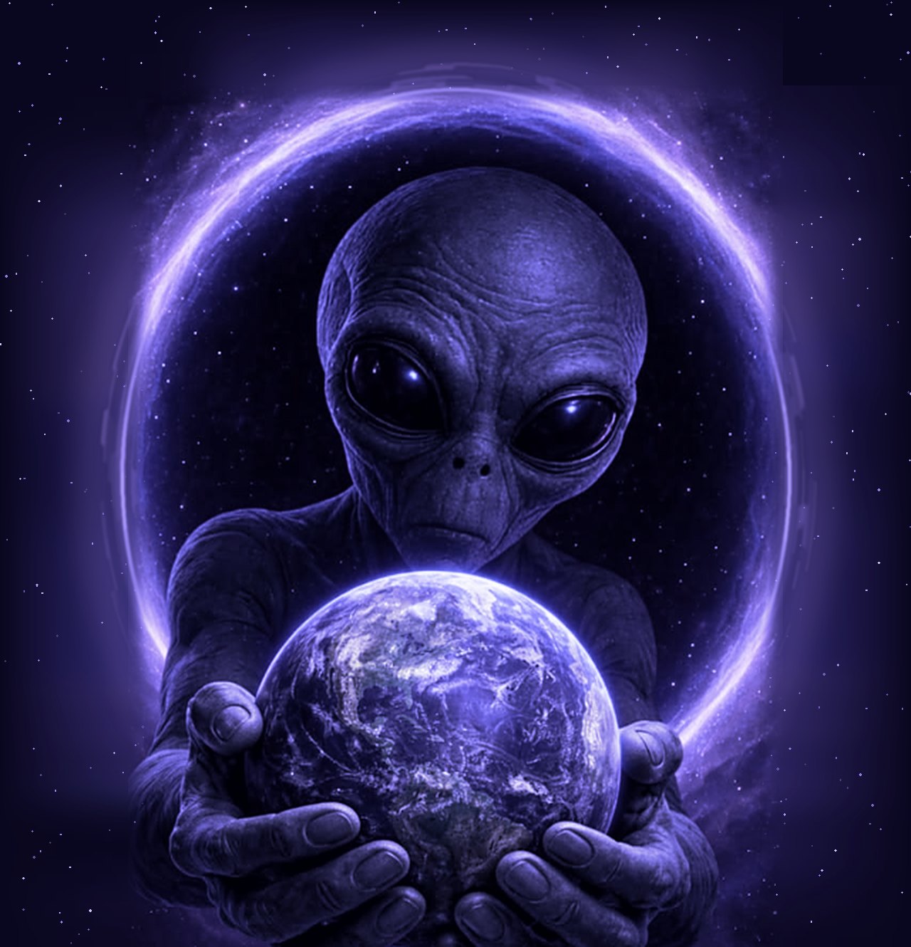 O Agente Mayal: um alienígena de olhos grandes segurando um planeta nas mãos, diante de um portal de luz violeta